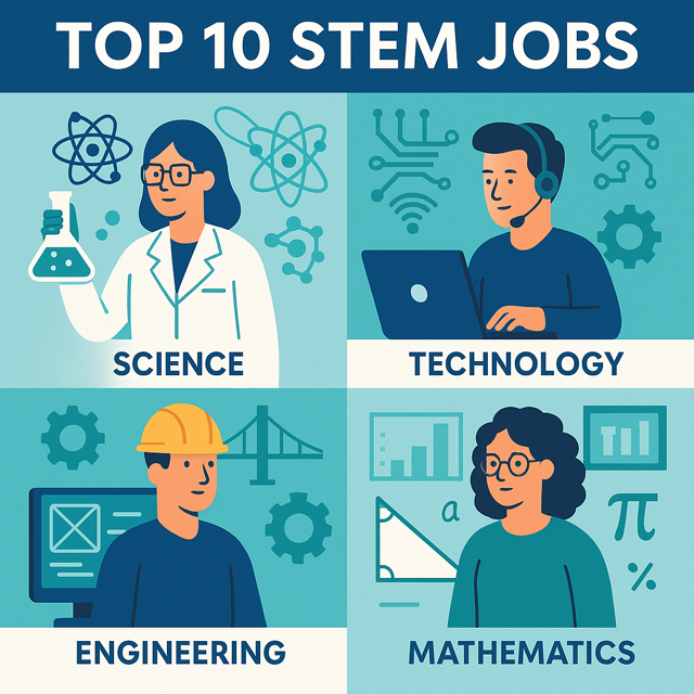 A vibrant infographic showcasing the top 10 STEM jobs in 2025, featuring icons of a robot, computer, and medical device, with job titles like "Machine Learning Engineer" and "AI Research Scientist" listed alongside salary figures and futuristic digital backgrounds.