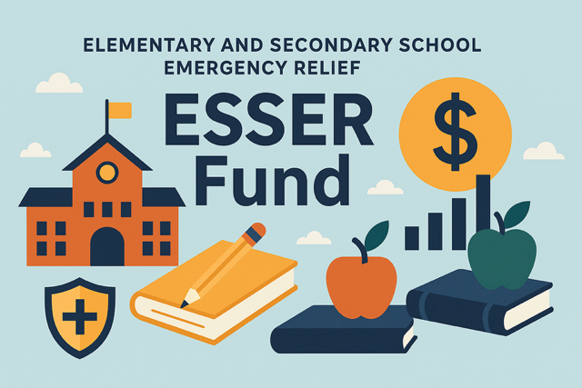School administrator reviewing ESSER-funded classroom improvements including new technology, posters, and HVAC upgrades with students in the background.