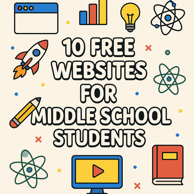 A vibrant digital collage featuring icons and screenshots from 10 educational websites, including Khan Academy, Prodigy, and National Geographic Kids, arranged in a colorful grid against a bright background, designed to attract middle school students.