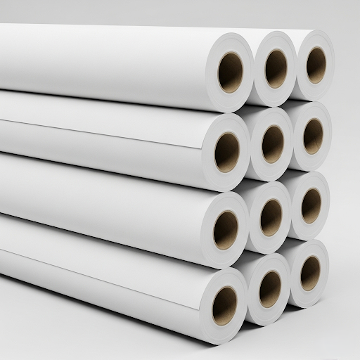 Close-up of various poster maker paper types, including glossy, matte, and vinyl sheets, arranged on a table with a printed poster in the background, showcasing vibrant colors and textures.