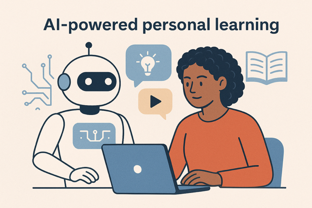 Illustration of students using laptops and tablets while an AI-powered virtual tutor personalizes lessons for each learner in a modern classroom.