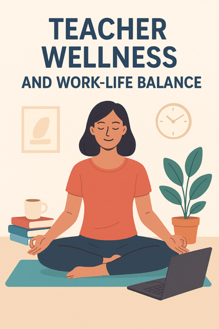 A teacher practicing mindfulness at her desk in a quiet classroom, surrounded by books and a notebook, with a calm and focused expression.