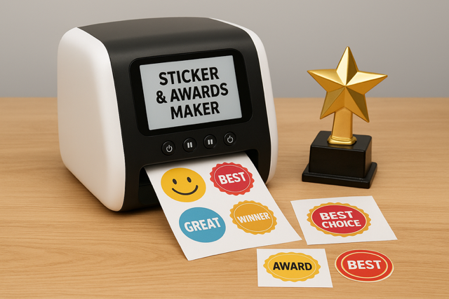 A collection of sticker and award-making machines, including the Cricut Maker 3, Silhouette Cameo 4, Brother ScanNCut, Roland VersaSTUDIO BN-20, and Glowforge Pro, displayed on a clean white background with colorful stickers and engraved awards.