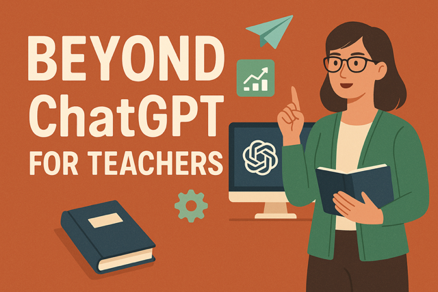 Illustration of a diverse classroom with teachers using AI tools on laptops and tablets, featuring icons of lesson plans, quizzes, and student avatars, emphasizing innovative education technology beyond ChatGPT.