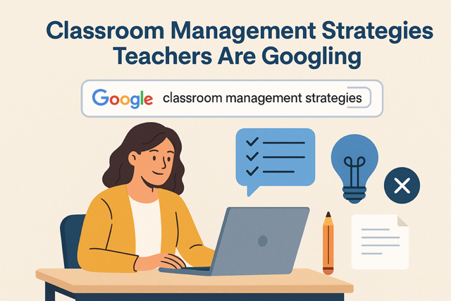 A diverse group of students in a modern classroom, engaged and smiling, with a teacher using a whiteboard to display clear rules and expectations for effective classroom management in 2025.