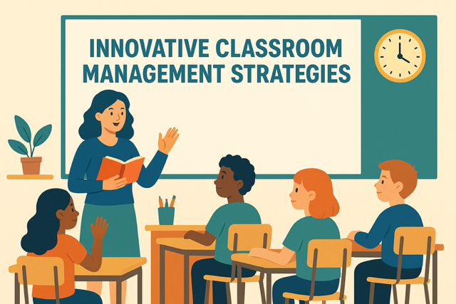 A vibrant, modern classroom with students collaborating at flexible seating stations, using digital tablets, and engaging in a restorative circle, showcasing 2025 classroom management strategies.