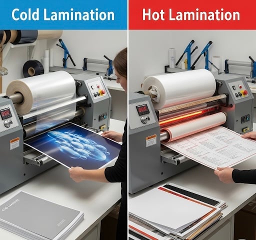 Comparison chart showing cold vs hot lamination features, including durability, cost, and material compatibility.