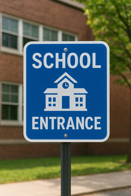 Modern school hallway with clear, colorful directional and safety signage, including digital displays and ADA-compliant Braille signs, enhancing navigation and accessibility.