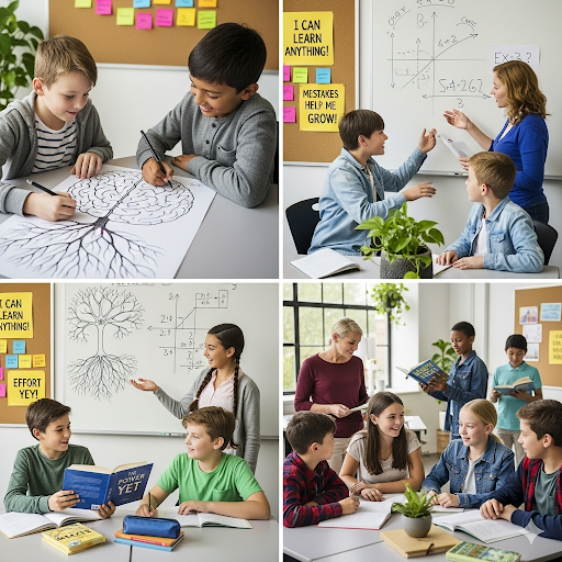Teacher encouraging students with growth mindset quotes on a classroom wall