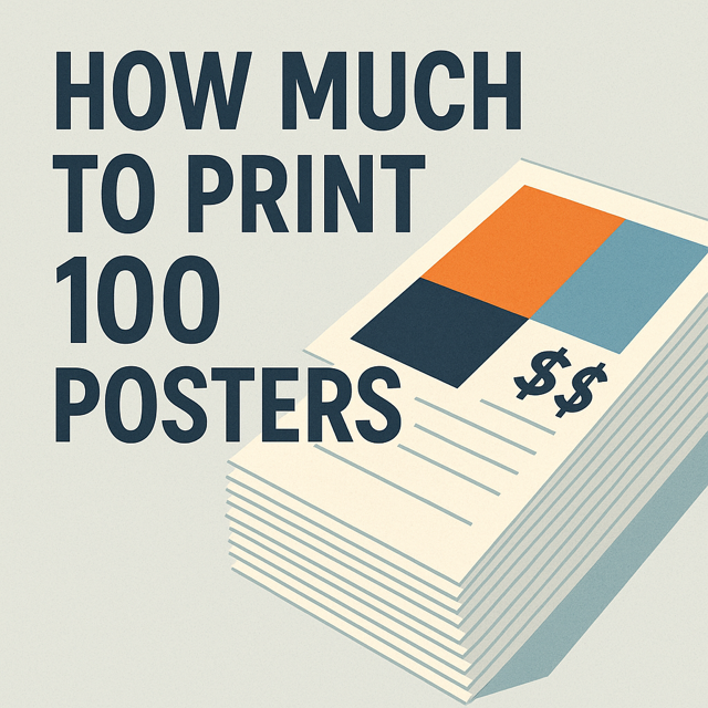 vibrant stack of freshly printed posters in various sizes (A3, A2, A1) is neatly arranged on a clean, white table. The posters feature bold colors, including reds, blues, and neon accents, with some showcasing glossy finishes and others matte.