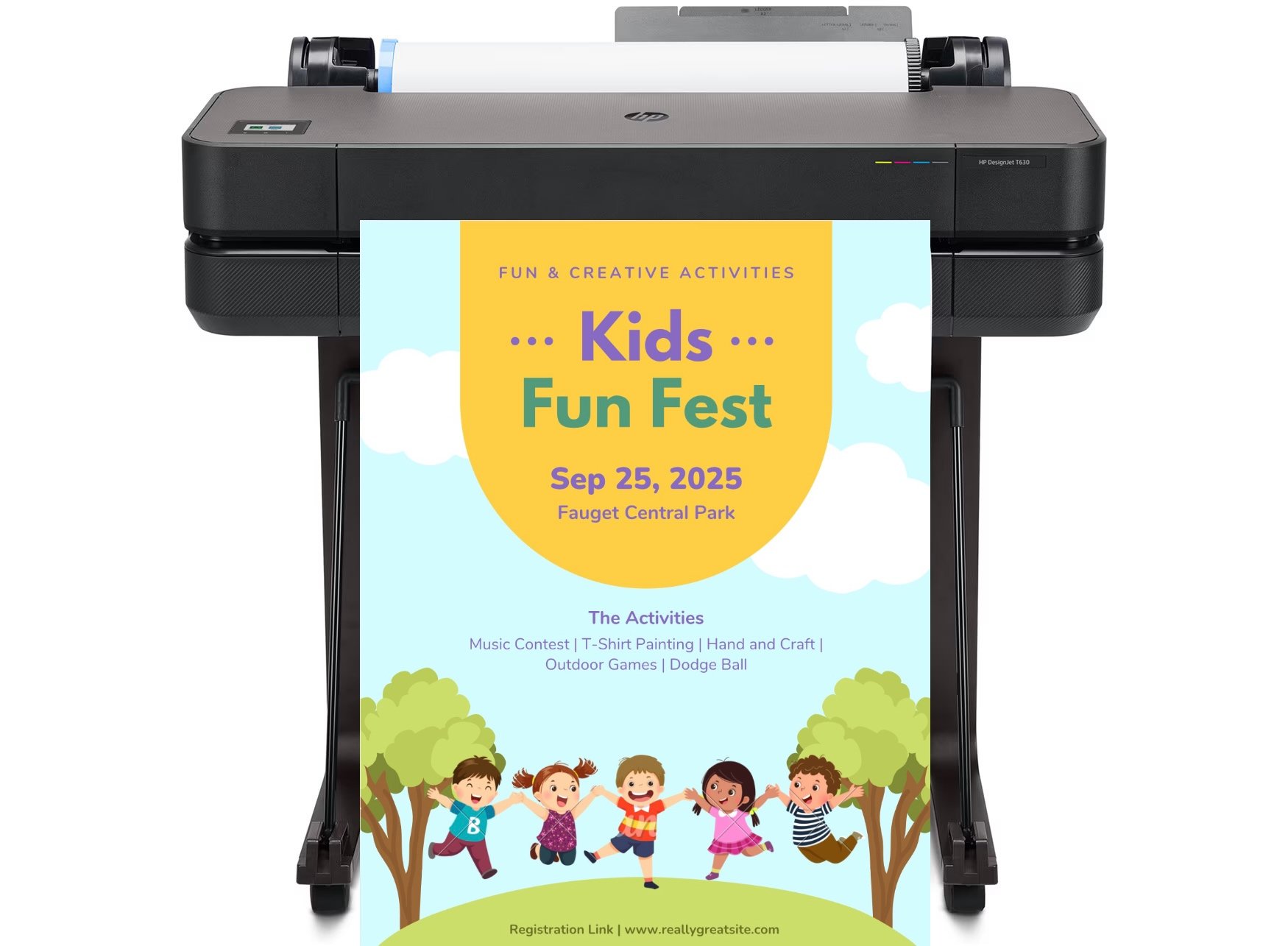 A Canon imagePROGRAF poster maker printer on a classroom desk, printing a colorful solar system poster with vibrant planets and orbits.