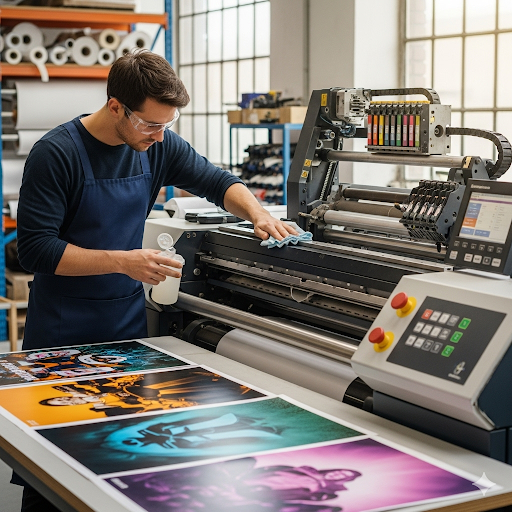 Poster Printer Ink: Cleaning a poster printer printhead with a lint-free cloth for optimal ink performance.