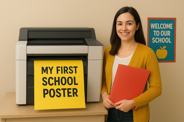 A vibrant solar system poster on a classroom wall, showcasing colorful planets, glowing orbital paths, and bold fun facts, created with a school poster machine.