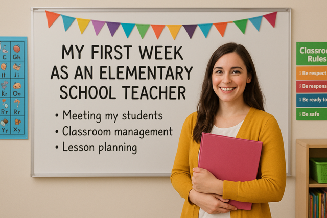 A colorful anchor chart on a classroom wall displays step-by-step routines for lining up, with vibrant illustrations of students walking in an orderly line.