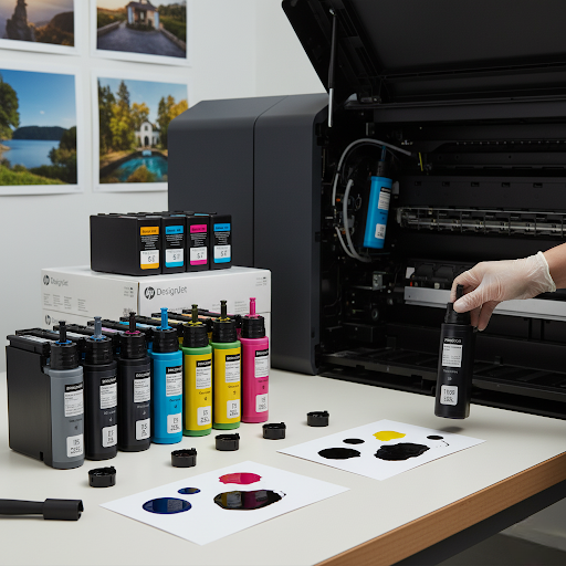 A teacher loading a poster maker ink cartridge into a school poster printer, surrounded by colorful educational posters.
