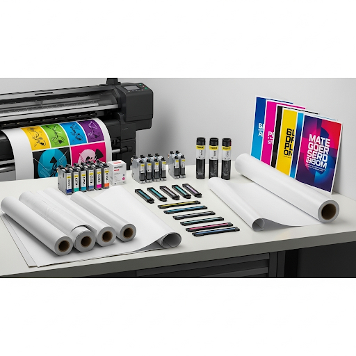 Poster maker supplies including poster paper rolls, cold lamination film, and ink cartridges for schools