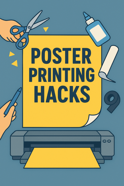 Budget-friendly poster printing setup with rolled large-format prints, color swatches, and design tools on a desk.