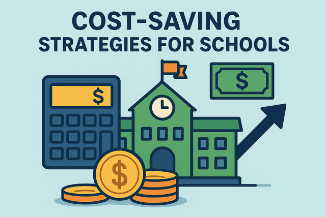 A vibrant classroom with organized supplies, including a school poster maker, reusable dry-erase boards, and colorful learning materials, showcasing budget-friendly teaching resources.