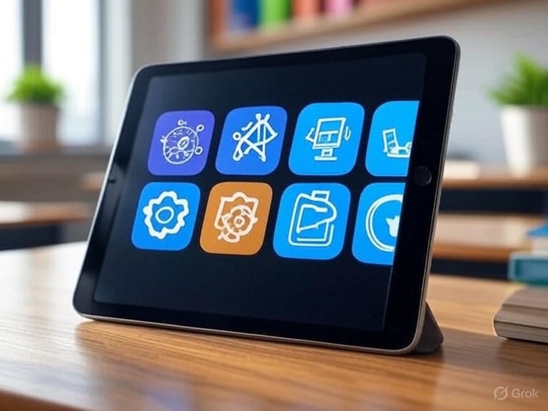 A group of diverse students using tablets and laptops to engage with STEM apps, surrounded by colorful icons representing coding, science, and math concepts in a classroom setting.