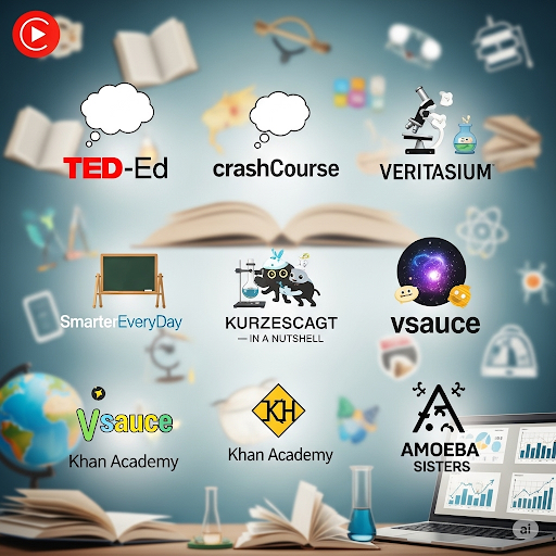 Collage of YouTube channel logos featuring educational content, including freeCodeCamp, CrashCourse, and Proko, on a laptop screen for online learning.