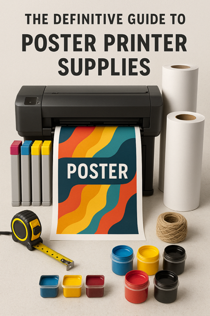 A vibrant poster printed on satin poster paper displayed on a wall, showcasing vivid colors and sharp details, surrounded by stacks of matte poster paper and coated poster paper as part of poster printer supplies.