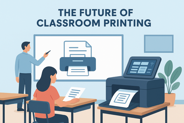 Teacher using a poster maker machine to create colorful, engaging classroom visuals for students in 2025.