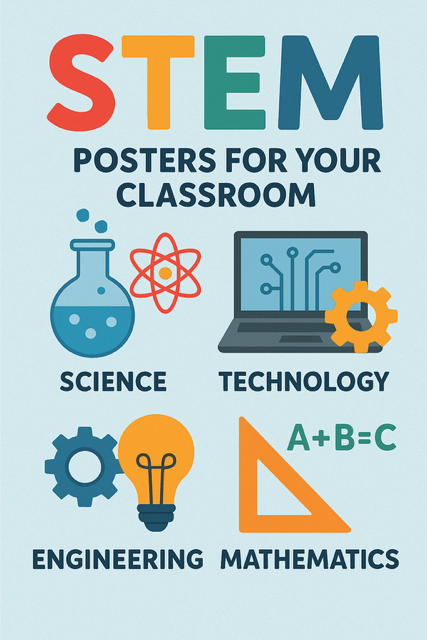 A colorful STEM poster for your classroom displaying a periodic table with vibrant elements, surrounded by diverse students collaborating in a science lesson, highlighting the importance of engaging classroom visuals in STEM education.