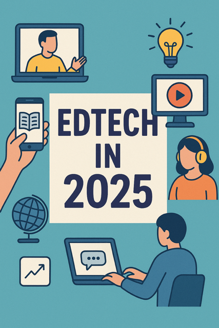 A diverse group of students using virtual reality headsets and tablets in a modern classroom, engaging with interactive EdTech tools for personalized learning.