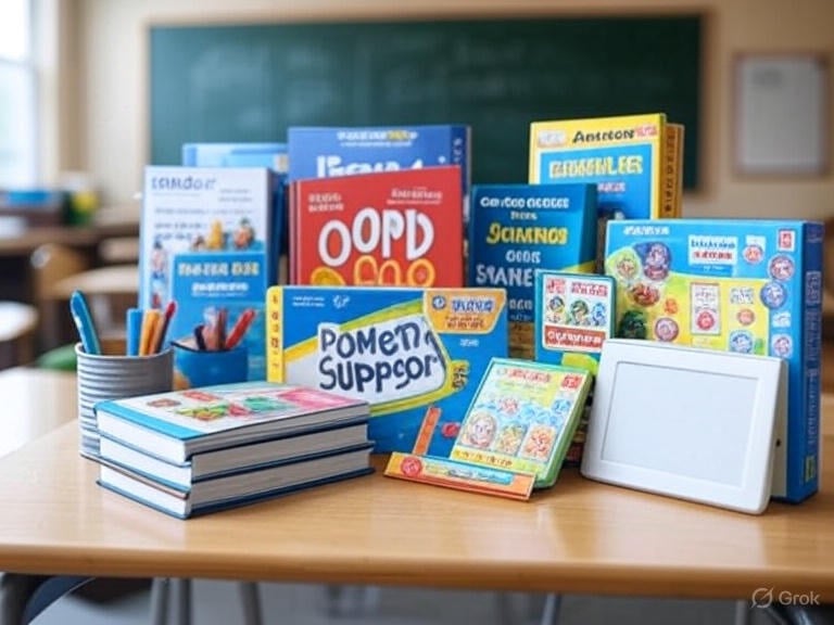 A vibrant classroom scene featuring essential teacher supplies from an Amazon wish list, including colorful markers, storage drawers, books, fidget toys, and STEM kits arranged on a desk, inspiring education in 2025.