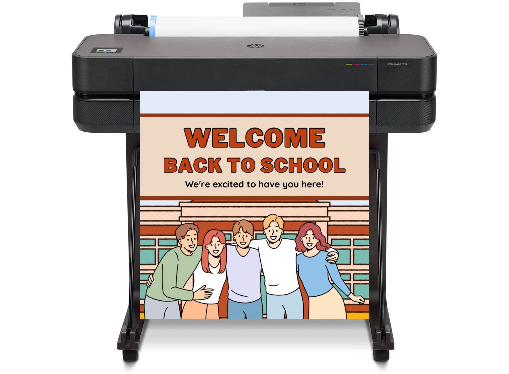 Teacher and students using a 24" poster making machine to print vibrant classroom posters, showcasing creative designs in a colorful learning environment.
