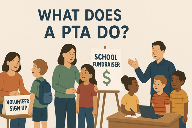 A diverse group of parents, teachers, and students collaborating at a school event, with smiles and teamwork evident, representing the supportive role of a Parent Teacher Organization (PTO) in education.