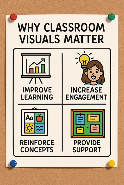 A colorful classroom with vibrant posters, charts, and a digital whiteboard displaying an infographic, engaging students in a dynamic learning environment.