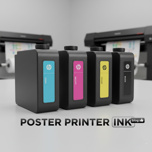 Close-up of a vibrant poster printed with eco-friendly pigment ink on a wide-format printer, showcasing rich colors and sharp details on glossy paper.