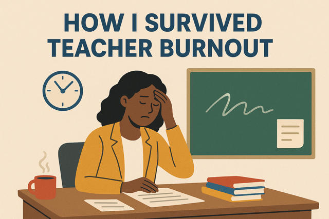 Infographic illustrating seven habits to combat teacher burnout, featuring colorful icons for boundaries, self-care, rituals, support, wins, nature, and personal growth, set against a calming blue background.