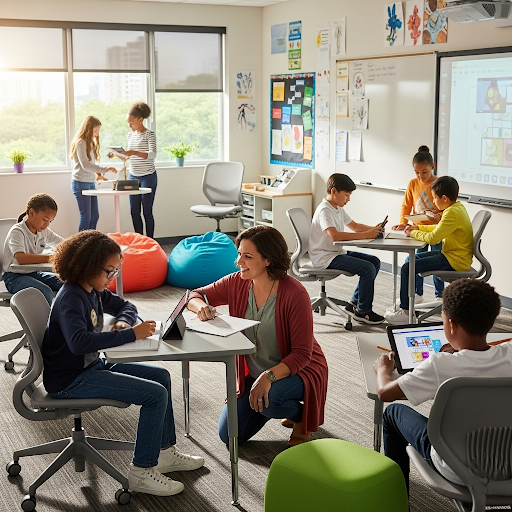 Students working on personalized learning projects with laptops, posters, and teacher guidance in a flexible classroom
