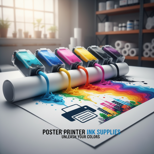 A large-format printer dispensing colorful poster printer ink onto a glossy poster, showcasing vibrant hues and intricate details against a clean studio background.