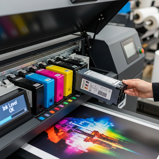 Teacher troubleshooting poster printer ink cartridge issues on a school poster maker printer. Poster Maker Ink requires inside knowledge