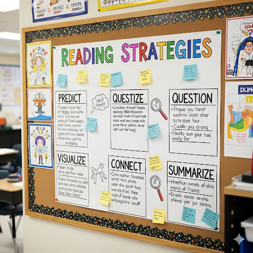 A vibrant story-driven anchor chart titled "Fraction Island" displayed in a classroom, featuring a colorful map with sticky-note fractions, Velcro pieces, and student-drawn explorer characters, designed to teach math through an interactive narrative.
