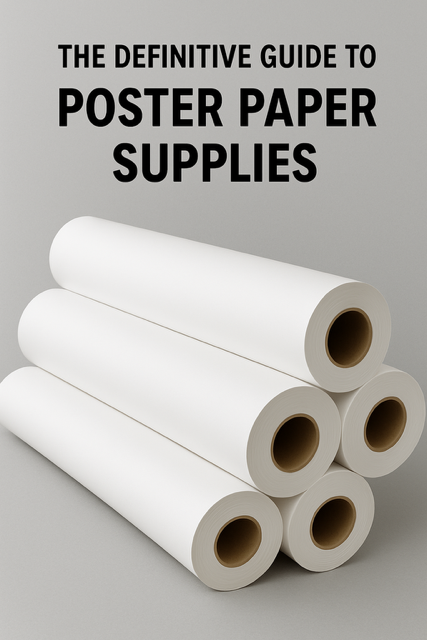Close-up of various poster paper types, including matte, glossy, and vinyl rolls, arranged neatly on a table with a printer in the background.