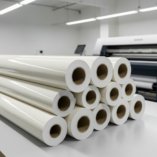 Rolls of poster paper for wide format printers stacked on shelves in a school print room.