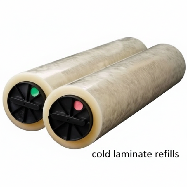 cold laminator with a roll of glossy cold laminate refill film being loaded, showing the adhesive side and alignment guides.