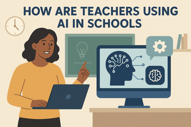 A teacher in a modern classroom uses an AI-powered tablet to monitor student progress, with a digital dashboard displaying personalized learning data.