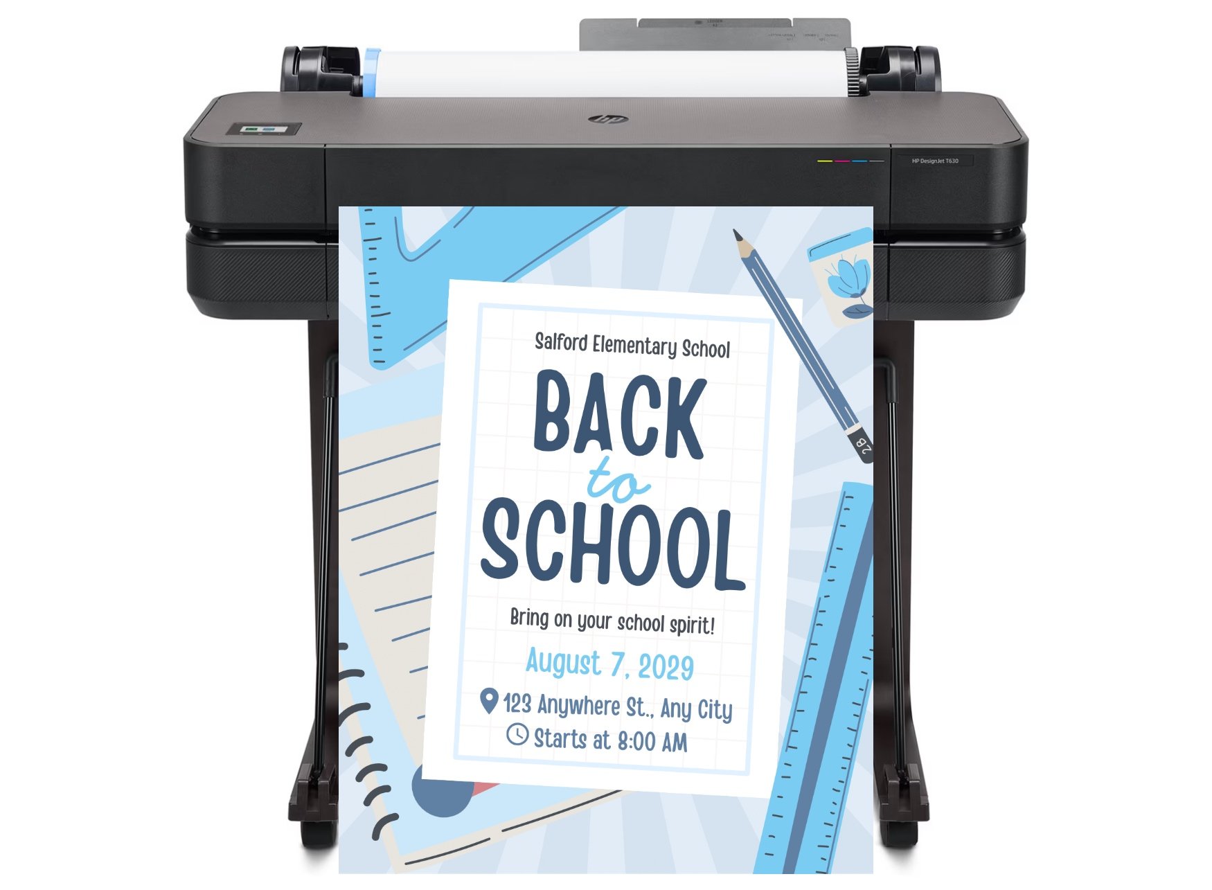 School administrator using a poster maker machine to print bilingual communication posters for a Title I parent engagement event. School Poster Maker for every classroom.