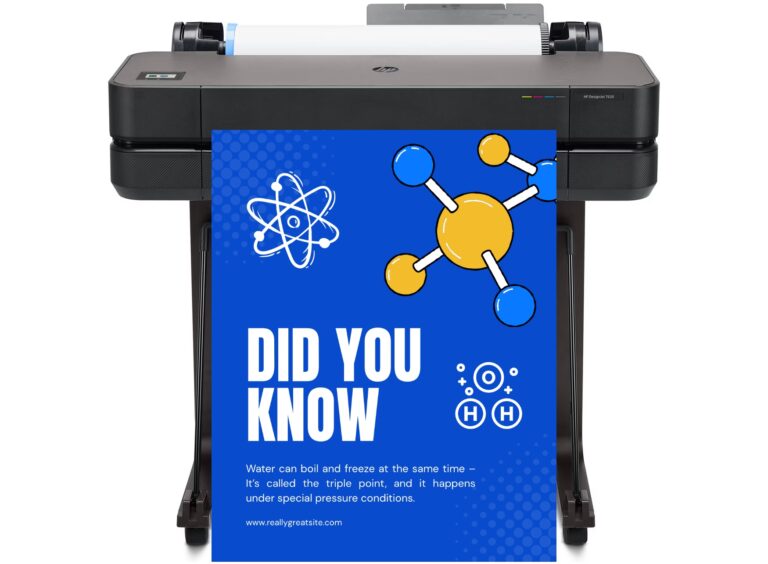 Students and teachers using a school poster printer machine to design and print educational posters in a bright classroom.