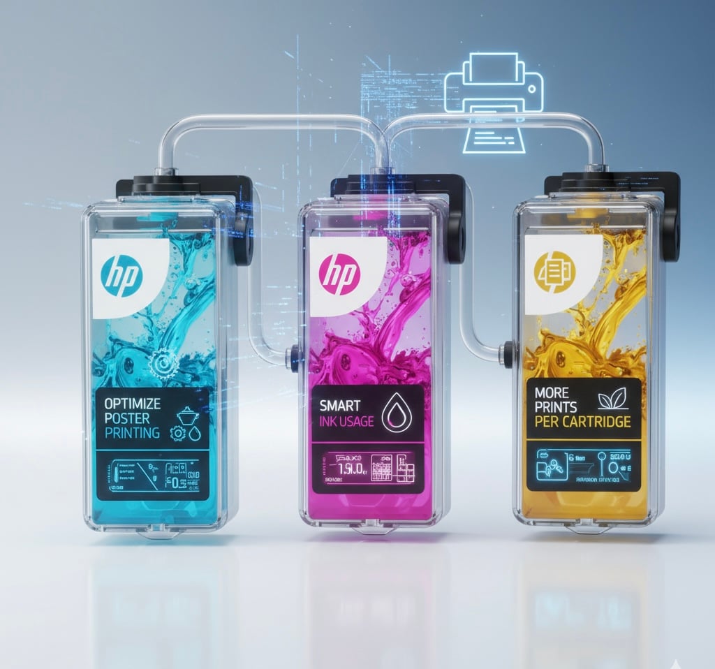 close-up of a poster printer’s ink cartridges, including dye-based and pigment-based options, neatly arranged next to a large-format printer actively printing a colorful poster with optimized ink settings