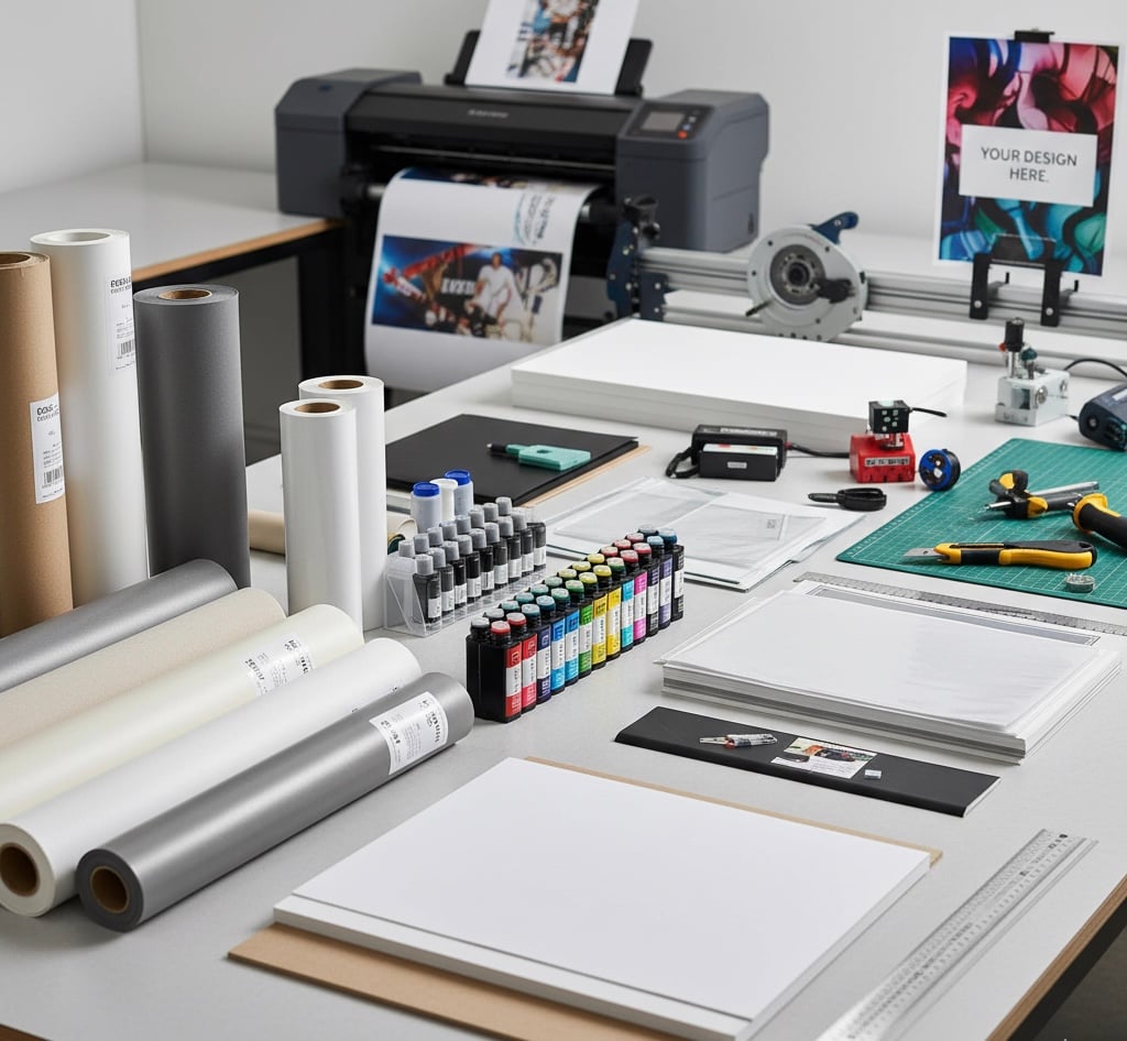 Poster maker supplies including paper rolls, laminating film, and ink cartridges displayed beside a large-format printer.