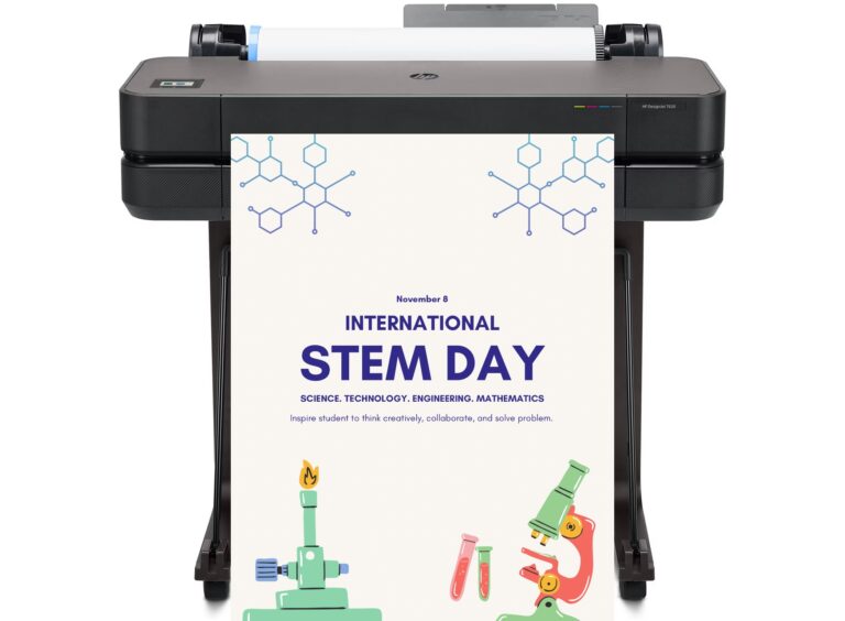 Teacher and students creating colorful classroom posters with poster printer machines for STEM and SEL learning