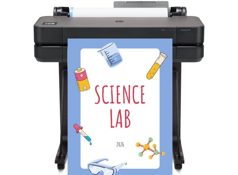 A vibrant classroom scene showing diverse middle school students collaborating around a large-format poster maker machine, printing a colorful STEM experiment diagram on glossy paper, with digital design software open on a nearby laptop displaying AI-enhanced templates.