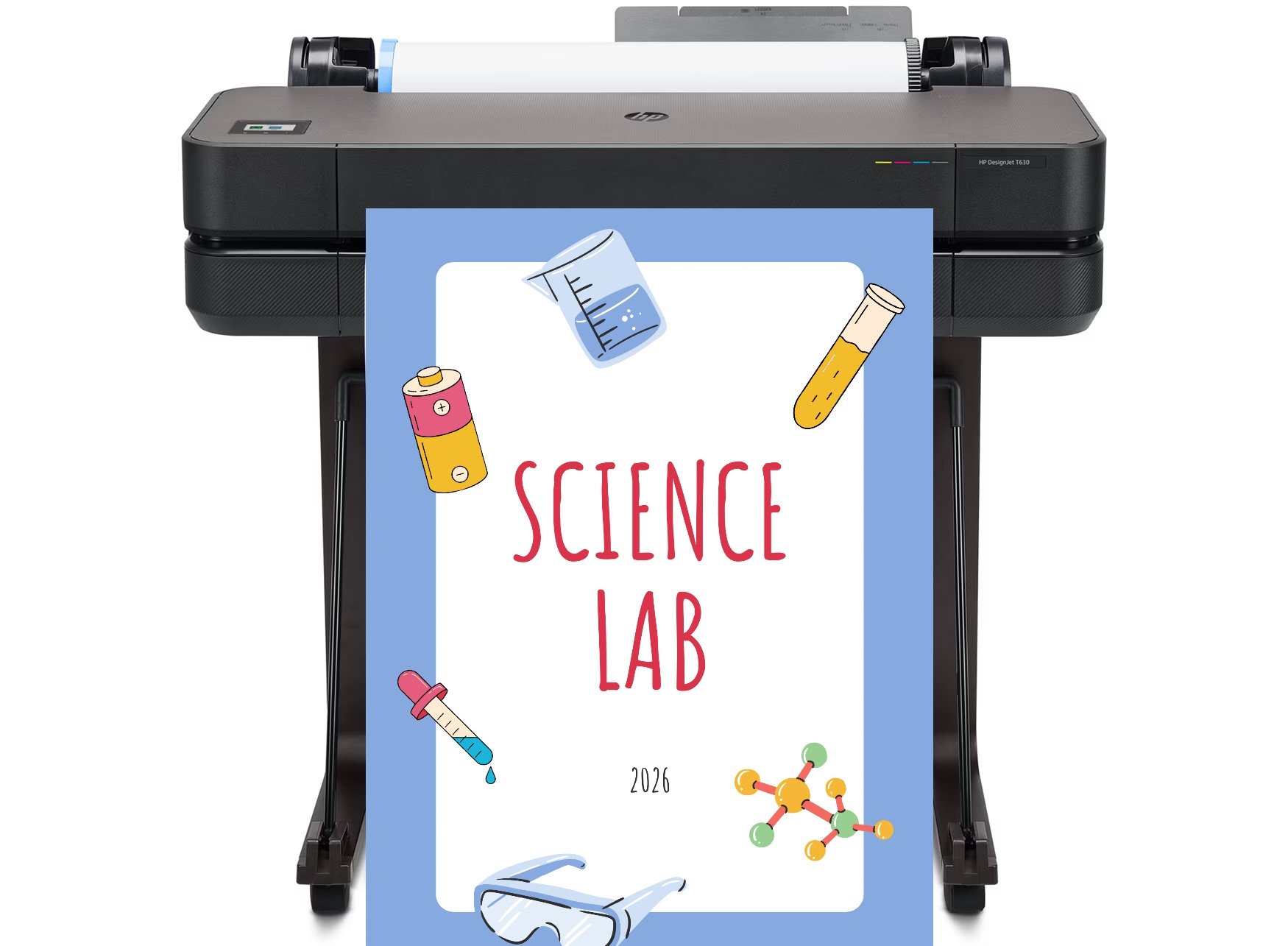 A vibrant classroom scene showing diverse middle school students collaborating around a large-format poster maker machine, printing a colorful STEM experiment diagram on glossy paper, with digital design software open on a nearby laptop displaying AI-enhanced templates.