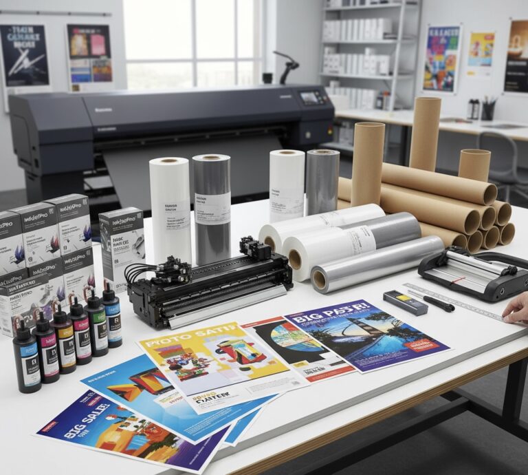 Wide-format poster printer supplies in a school printing station with rolls of poster paper, inks, and lamination supplies.